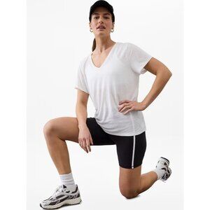 Athleta M Getaway V-Neck Linen Blend Tee White Medium